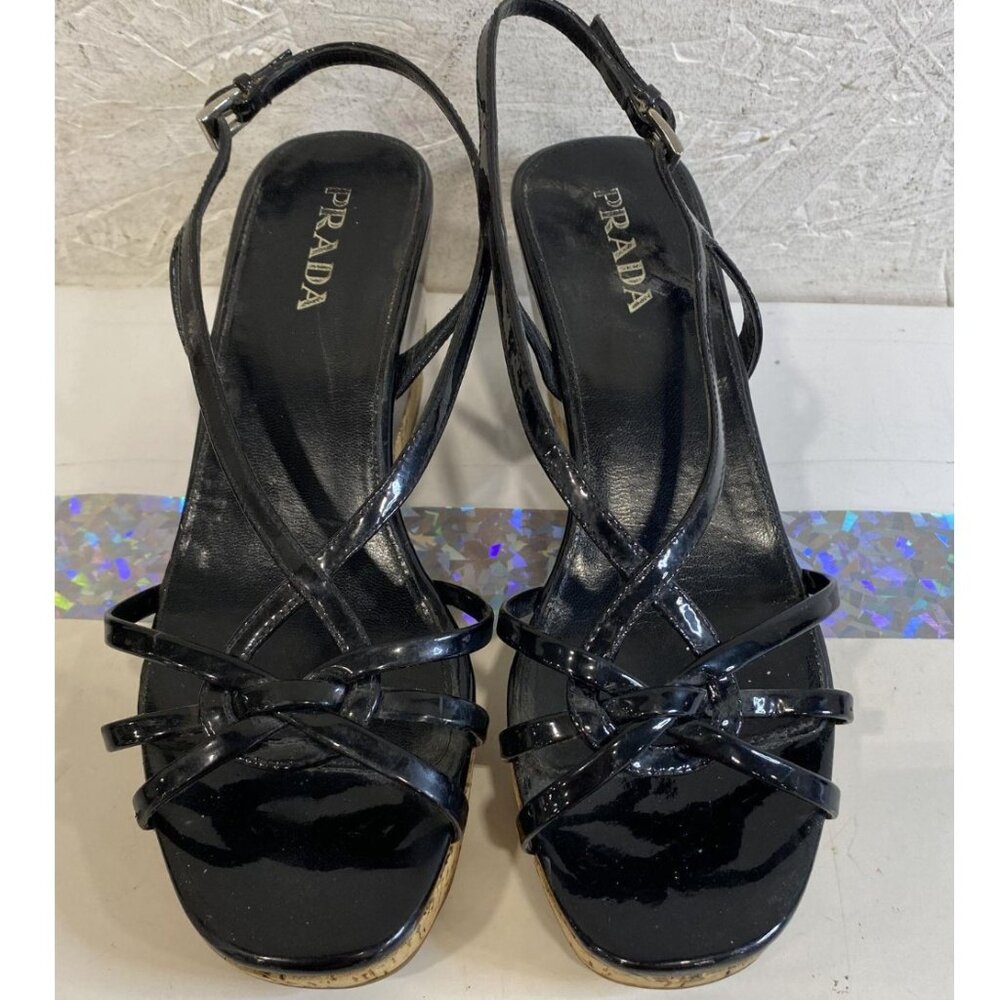Prada Black Patent Leather Cork Wedge Sandals | Size 7